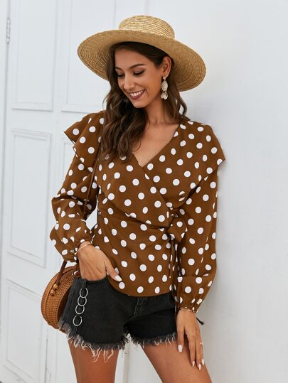 Polka Dot Tie Side Ruffle Trim Wrap Blouse