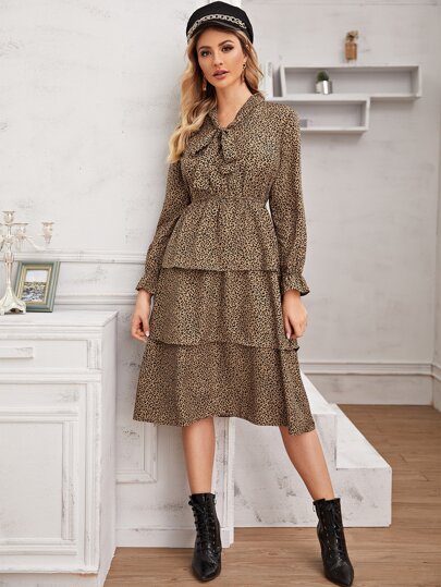 Cheetah Print Tie Neck Layered Hem Dress