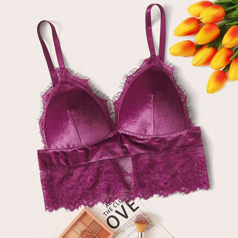 

Lace Trim Velvet Bralette, Purple