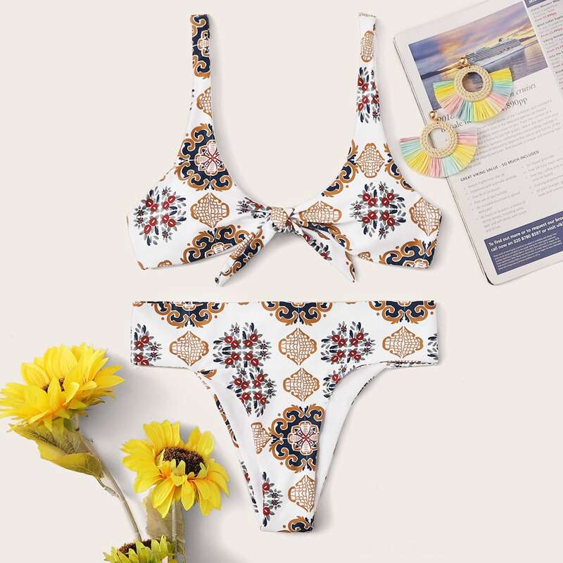 

Tribal Print Knot Front Bikini Set, Multicolor