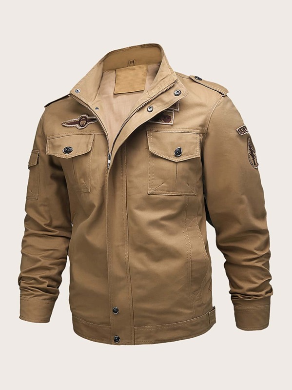 

Men Flap Pocket Front Patched Zip-up Utility Jacket, Khaki