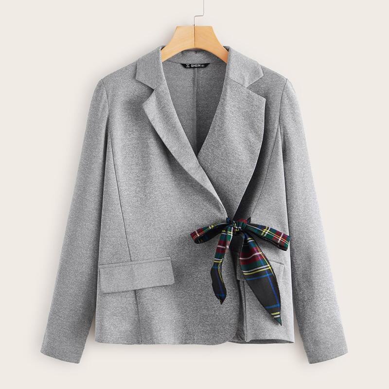 

Notch Collar Striped Knot Front Heather Grey Blazer