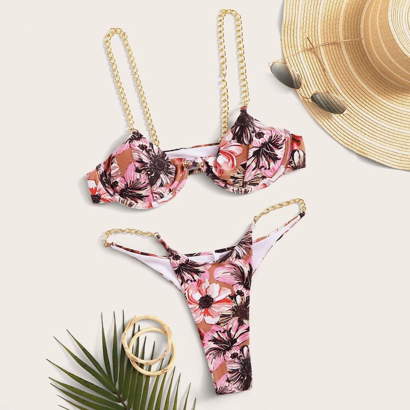

Floral Print Chain Strap Bikini Set, Multicolor