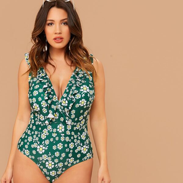 

Plus Ditsy Floral Ruffle Trim One Piece Swim, Green