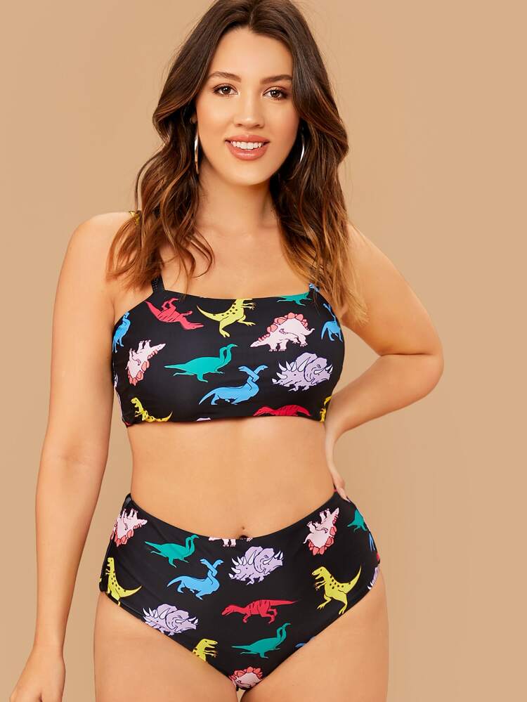 Plus High Waist Random Dinosaur Print Bikini Set Shein Usa