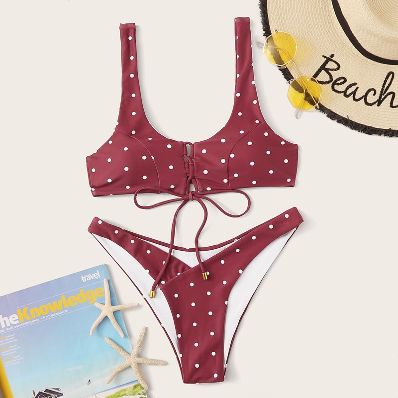 

Polka Dot Lace-up Front Bikini Set, Red