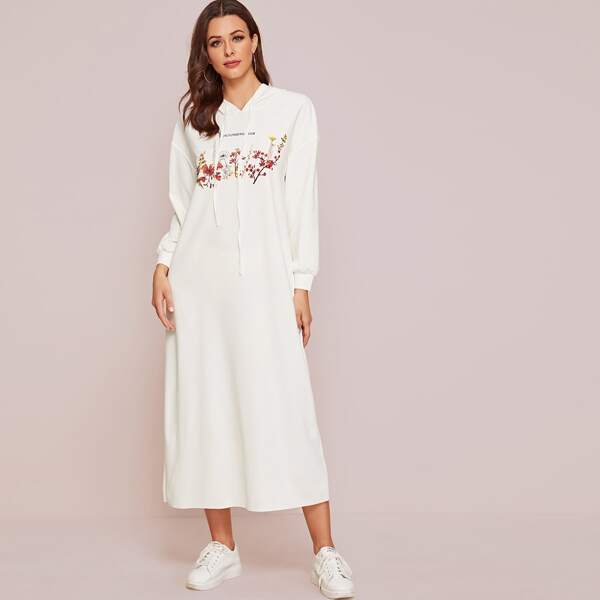 

Slogan & Floral Print Drawstring Hooded Dress, White
