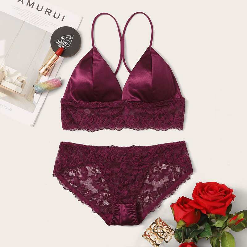 

Contrast Lace Satin Lingerie Set, Burgundy
