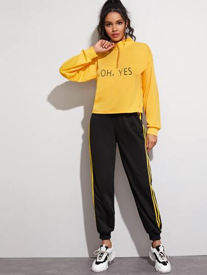 Half Zip Letter Graphic Tee & Striped Side Sweatpants