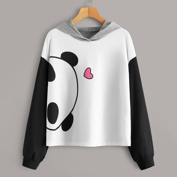 

Colorblock Panda & Heart Print Hoodie, Black and white