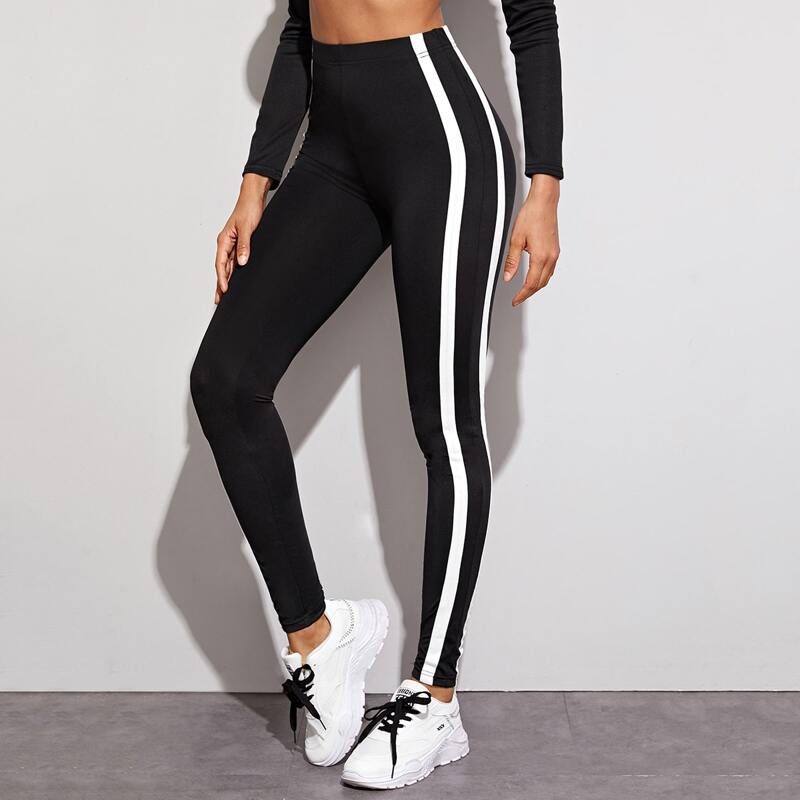 

Elastic Waist Striped Side Leggings, Black