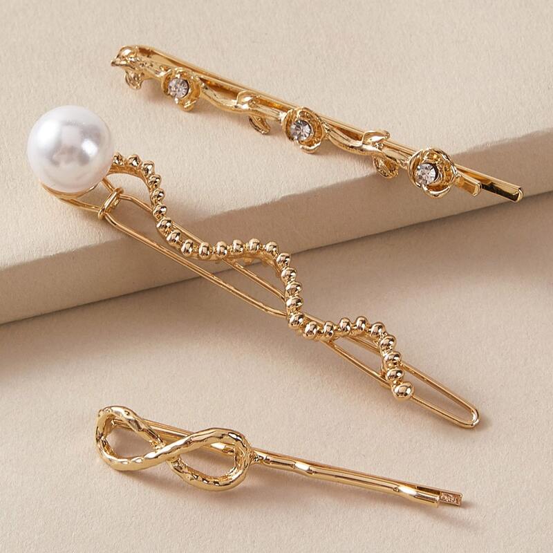 

3pcs Faux Pearl Rhinestone Engraved Hair Clips, Gold