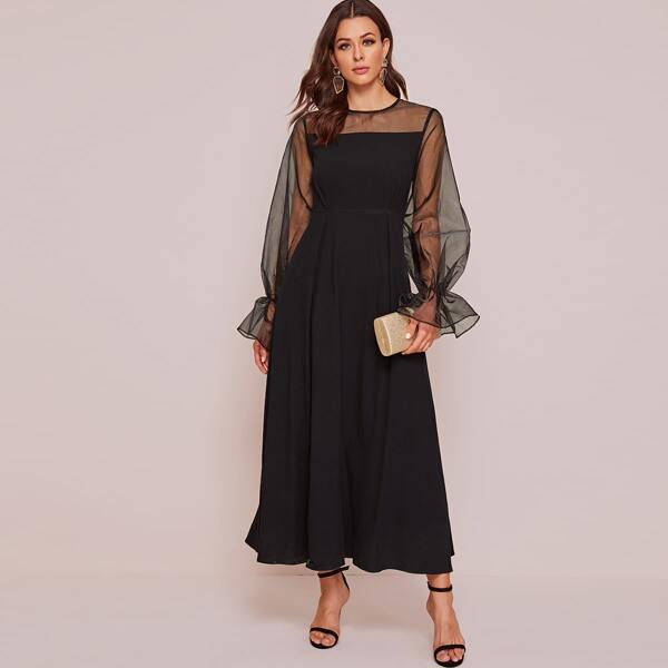 

Mesh Panel Flounce Sleeve Solid Dress, Black
