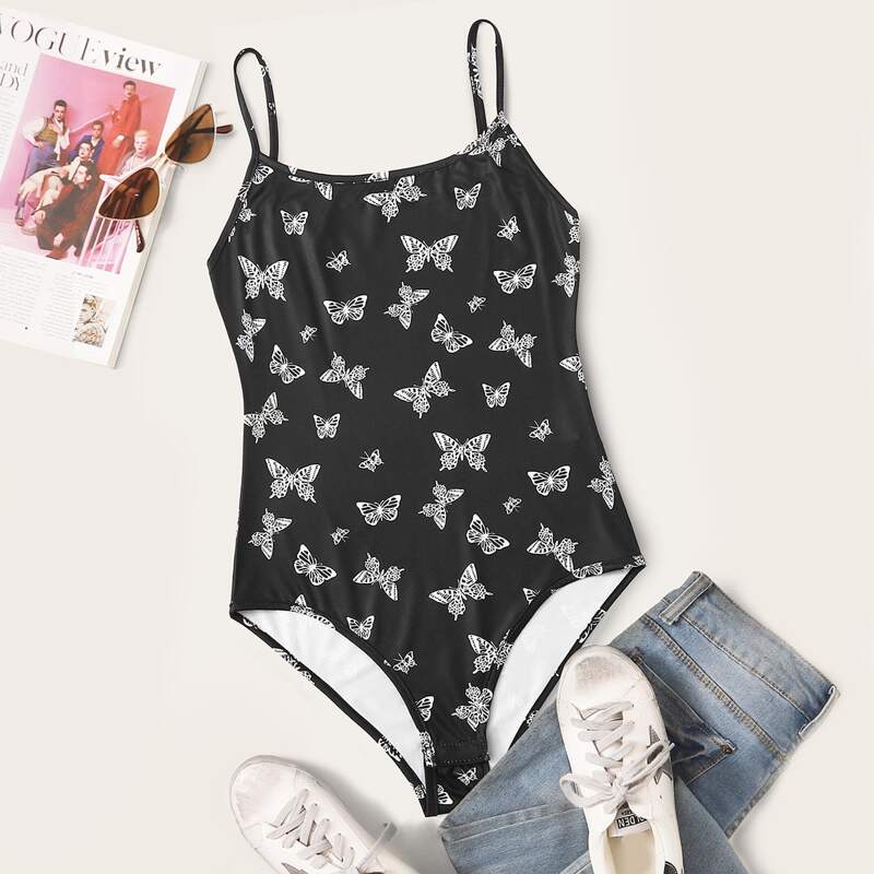 

Butterfly Print Cami Bodysuit, Black
