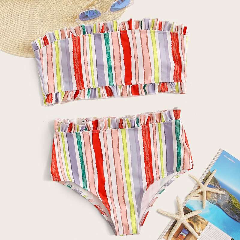 

Ruffle Trim Colorful Striped Bandeau Bikini Swimsuit, Multicolor