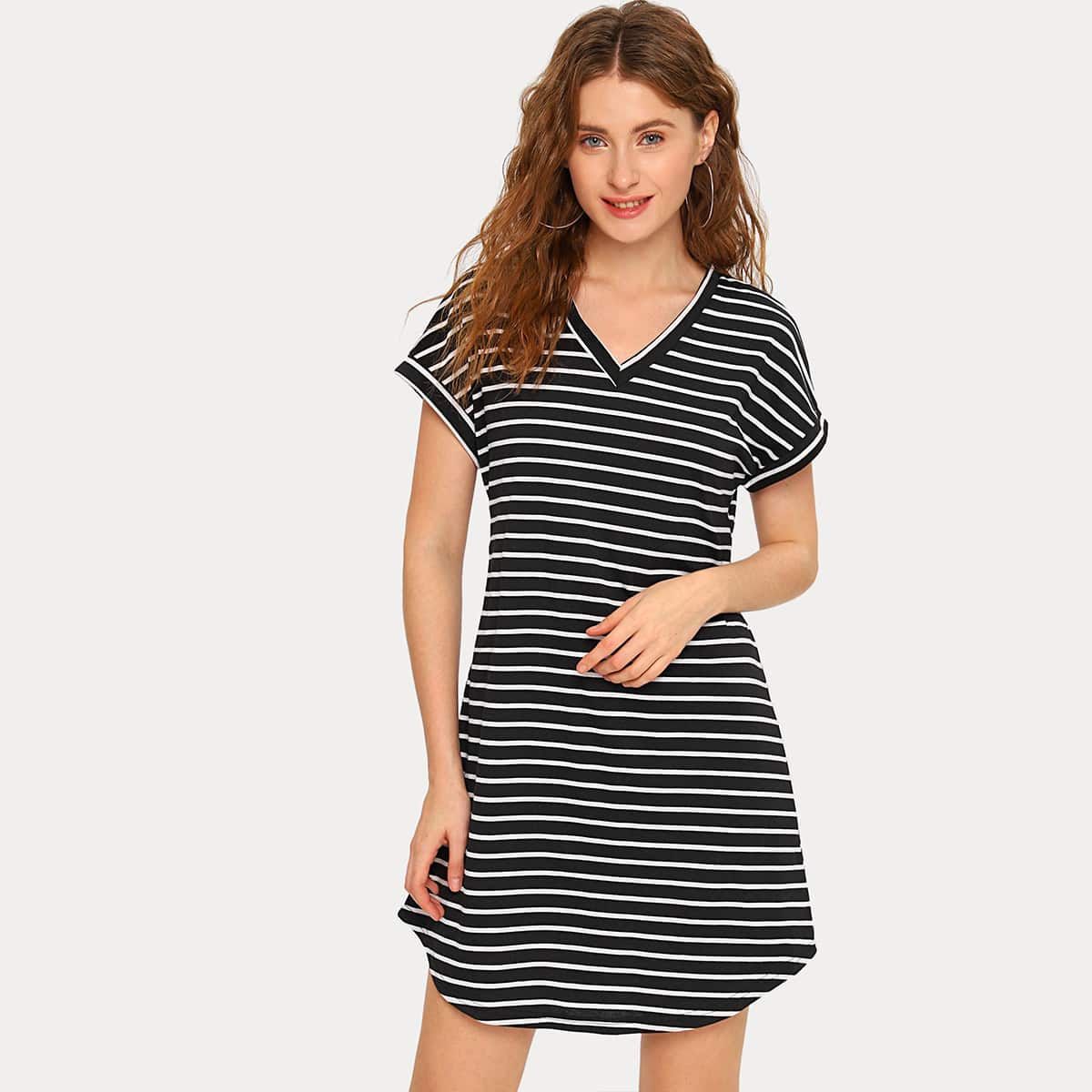 

Striped V-neck Tee Dress, Black and white