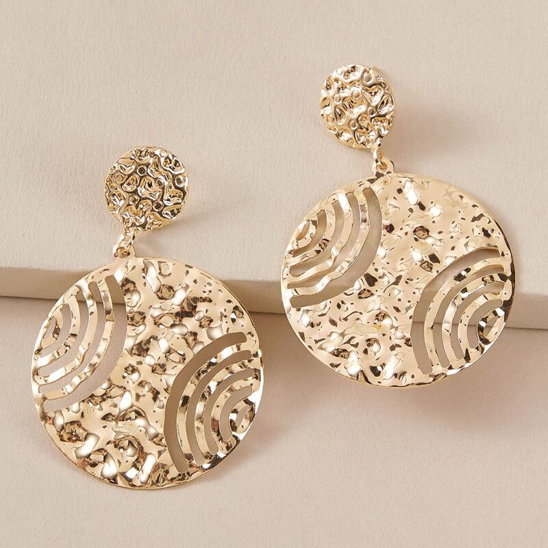 1pair Round Hammered Drop Earrings, Gold