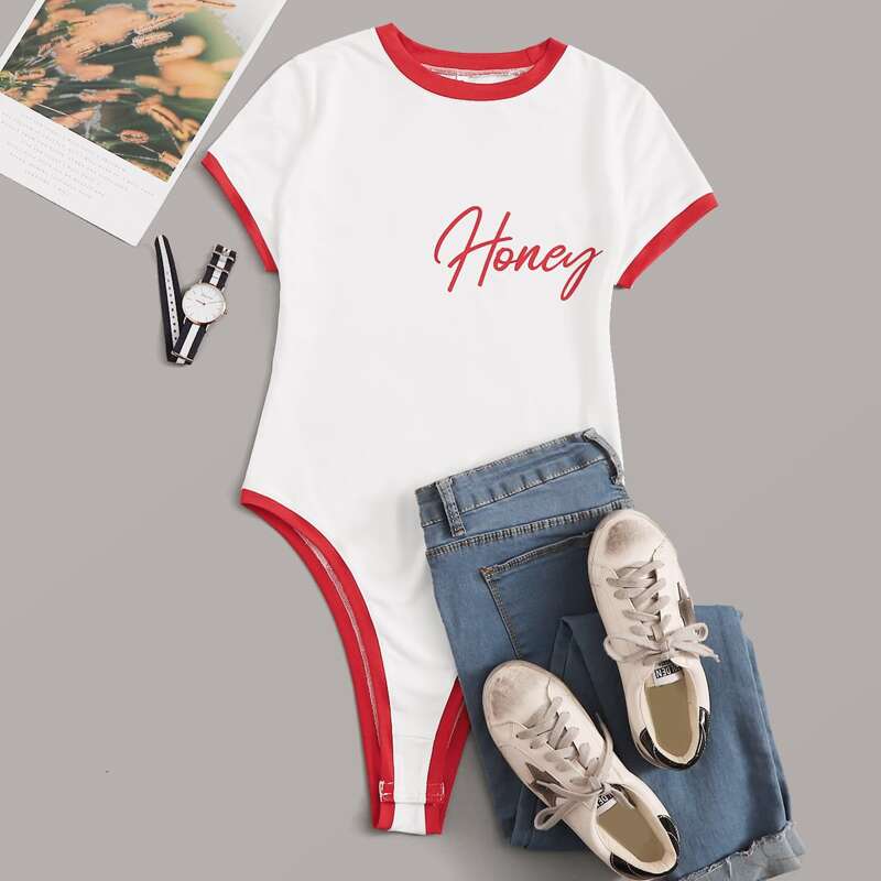 

Contrast Binding Letter Graphic Bodysuit, White