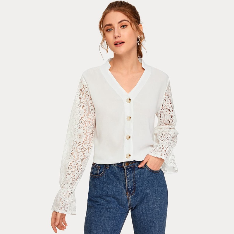 

Button Front Contrast Lace Sleeve Chiffon Blouse, White