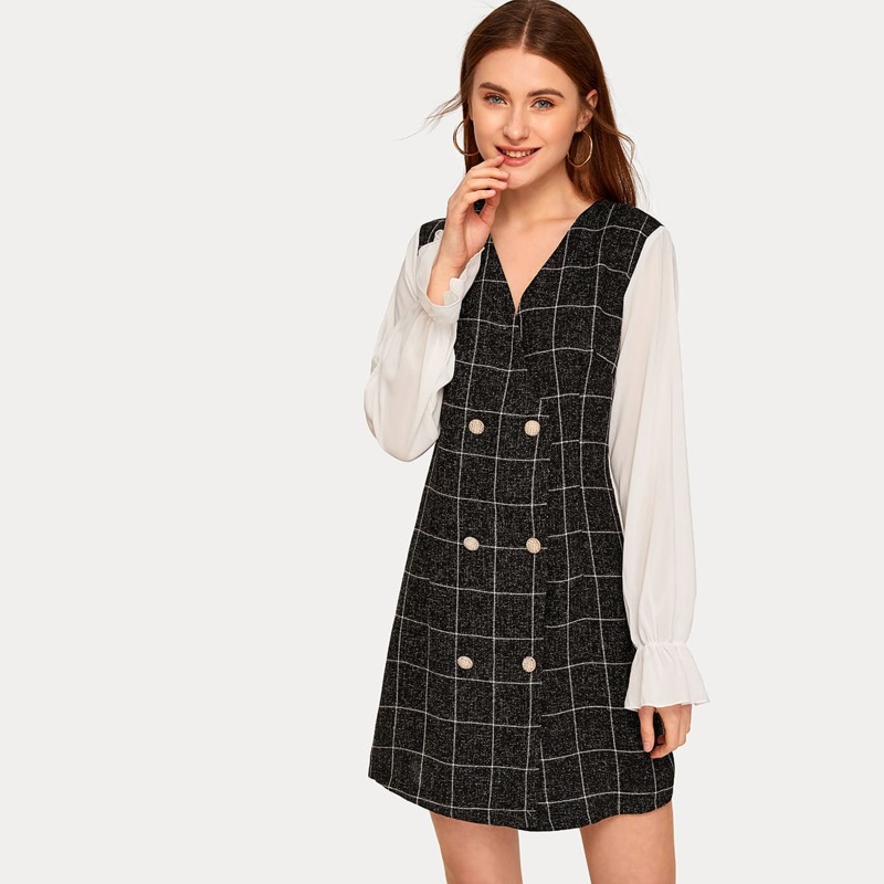 

Plaid Contrast Sleeve Double Breasted Dress, Black and white