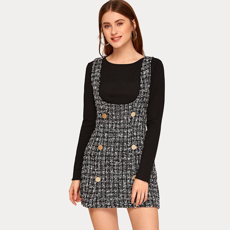 

Double Button Plaid Tweed Overall Dress, Black