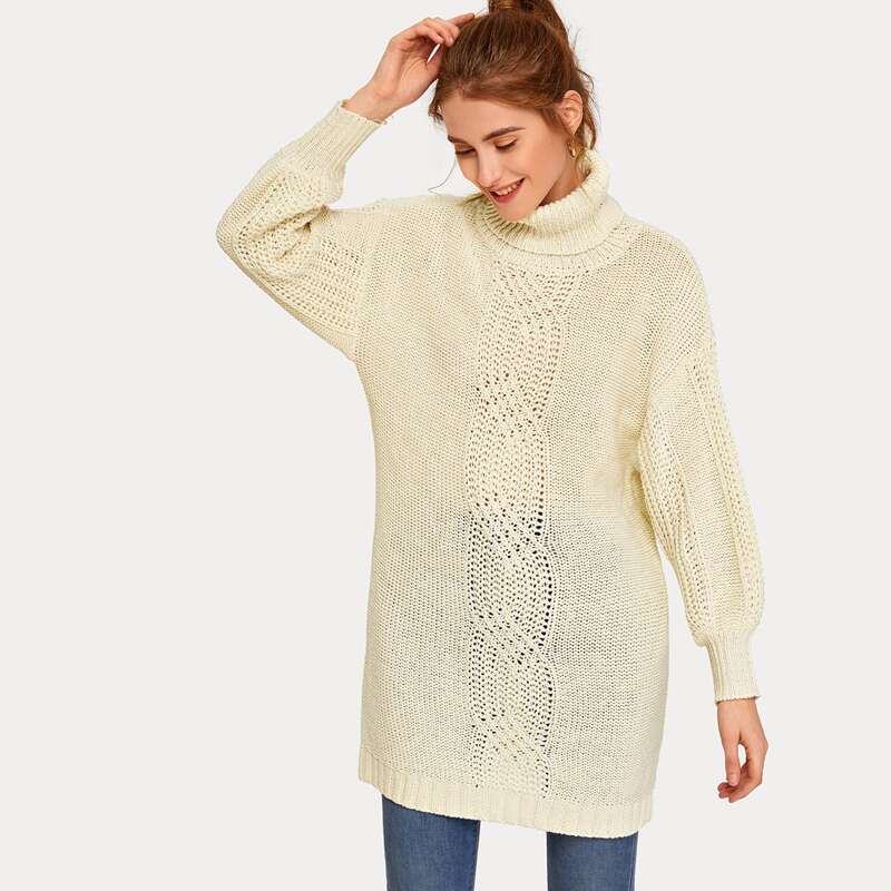 

Lantern Sleeve Turtleneck Sweater Dress Without Belt, Beige