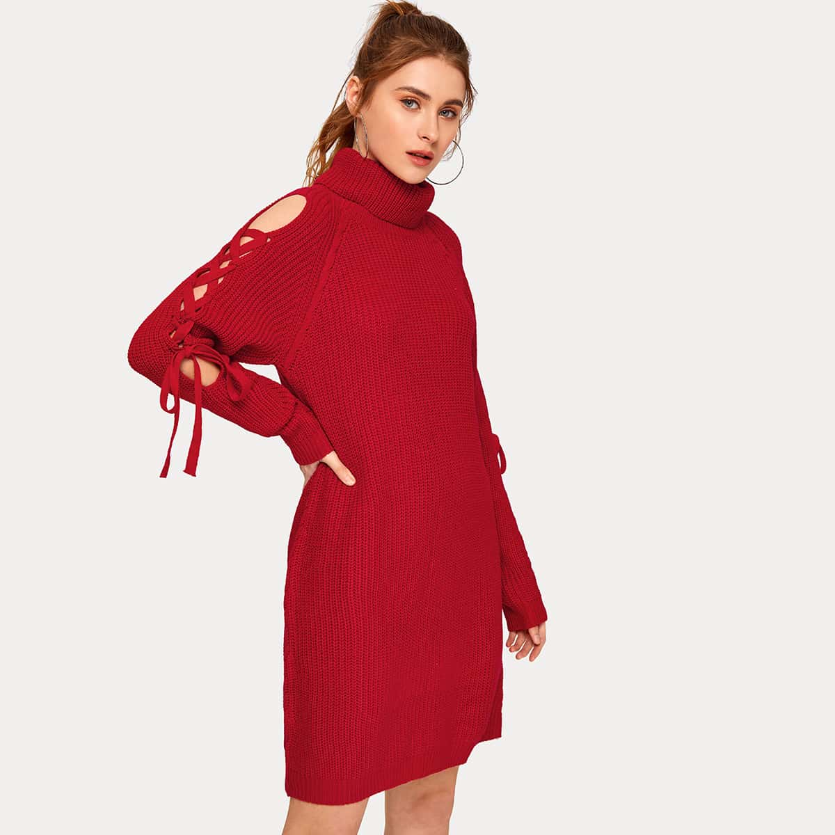 

Glamaker High Neck Lace Up Shoulder Sweater Dress Without Bag, Red bright