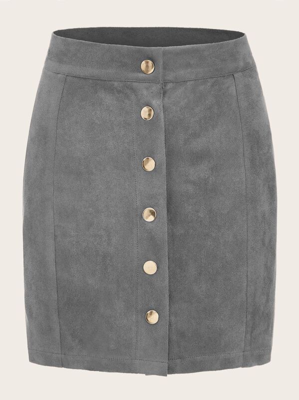 

Plus Button Front Suede Skirt, Grey