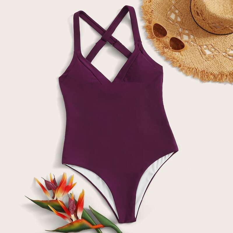 

Solid Criss Cross Back One Piece Swimsuit, Purple