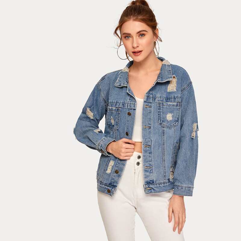 

Ripped Button Through Denim Jacket, Blue