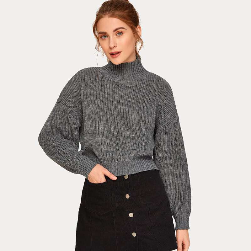 

High Neck Drop Shoulder Chunky Knit Sweater, Grey