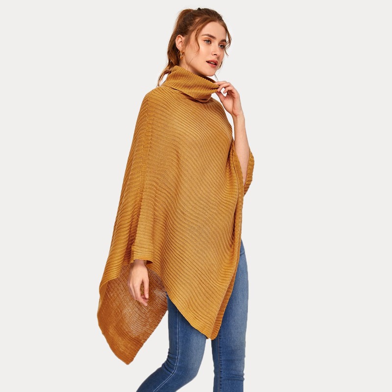 

Turtleneck Rib-knit Cape Sweater Without Belt, Camel