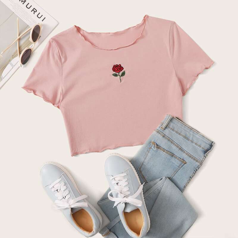

Rose Embroidery Lettuce Trim Crop Top, Pink