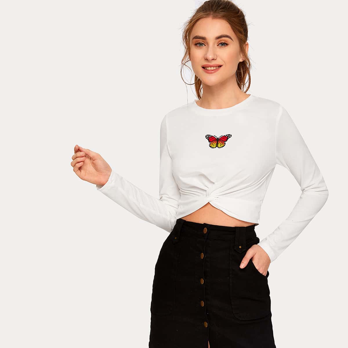 

Butterfly Print Twist Front Top, White