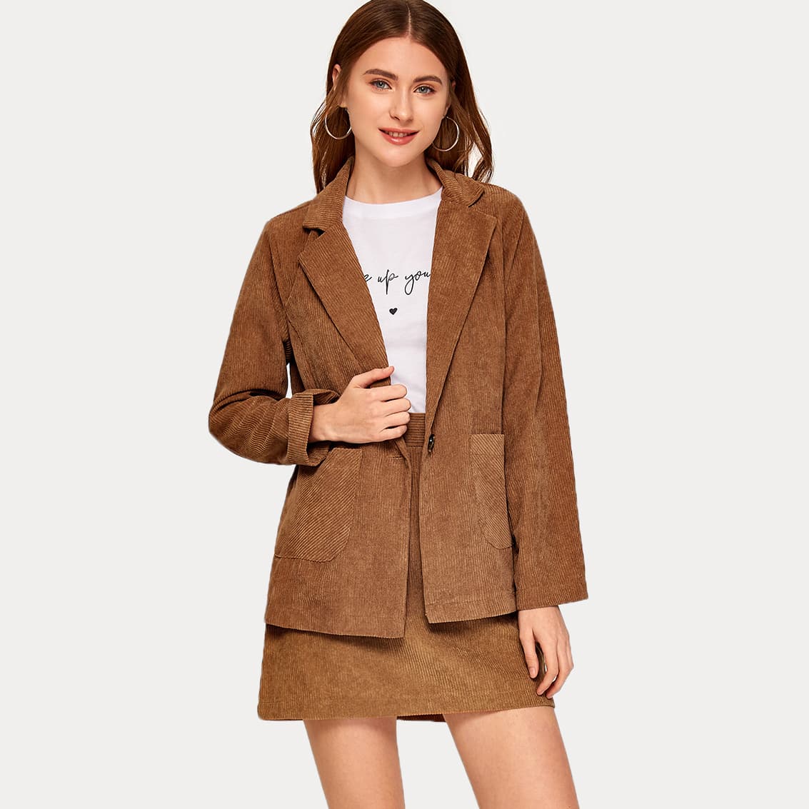 

Double Button Pocket Corduroy Blazer & Skirt, Brown