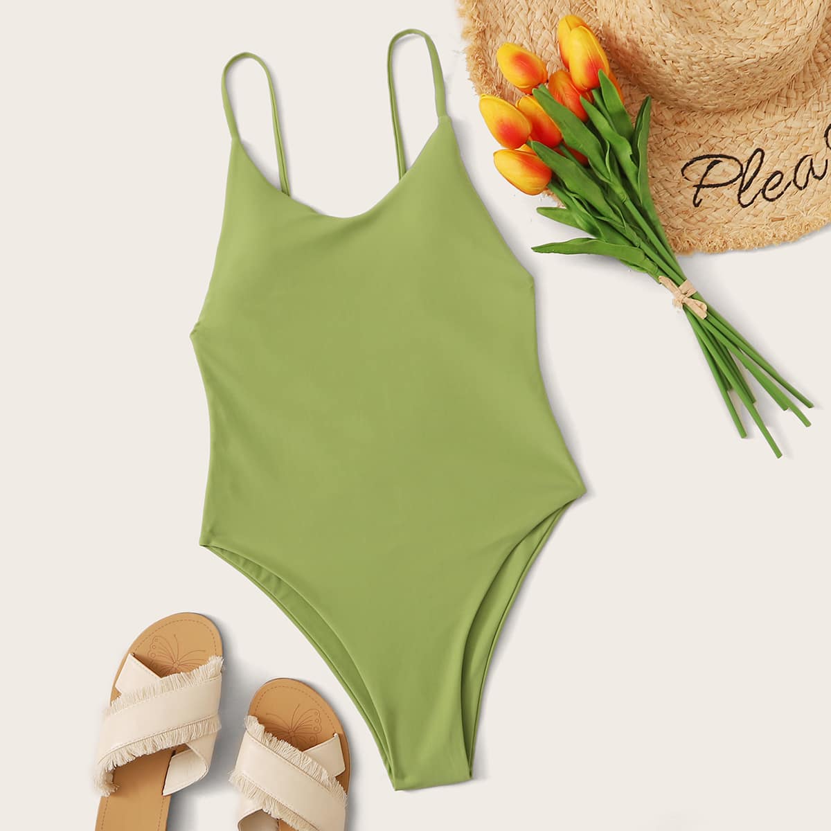 

Solid Spaghetti Strap One Piece Swimsuit, Green