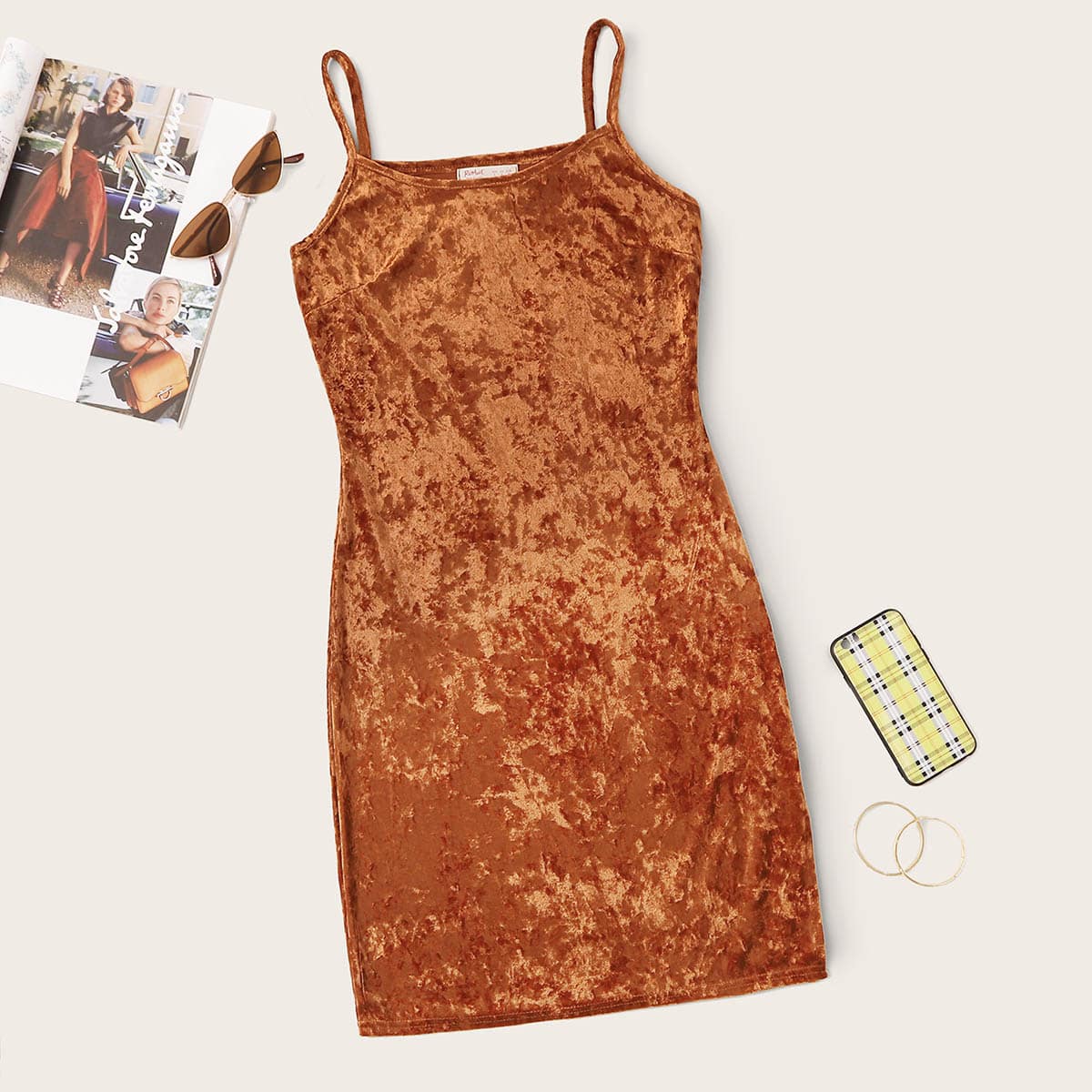 

Velvet Solid Cami Dress, Brown