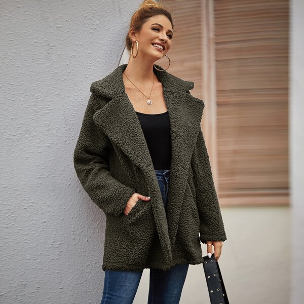 

Notched Collar Pocket Teddy Coat, Army green