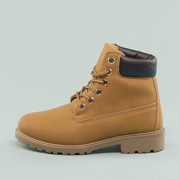 

Lace Up Two Tone Padded Cuff Lug Sole Hiking Boots, Camel