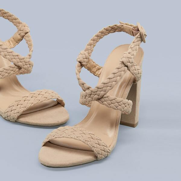

Buckled Ankle Braided Detail Block Heel Sandals, Khaki