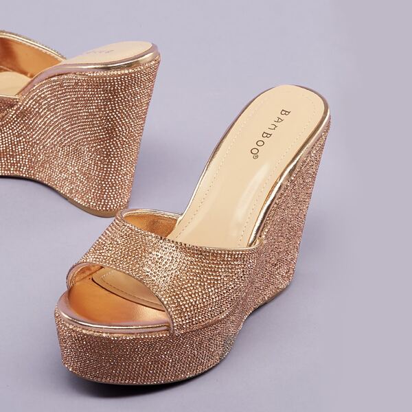 

Open Toe Rhinestone Pave Platform Wedges, Gold