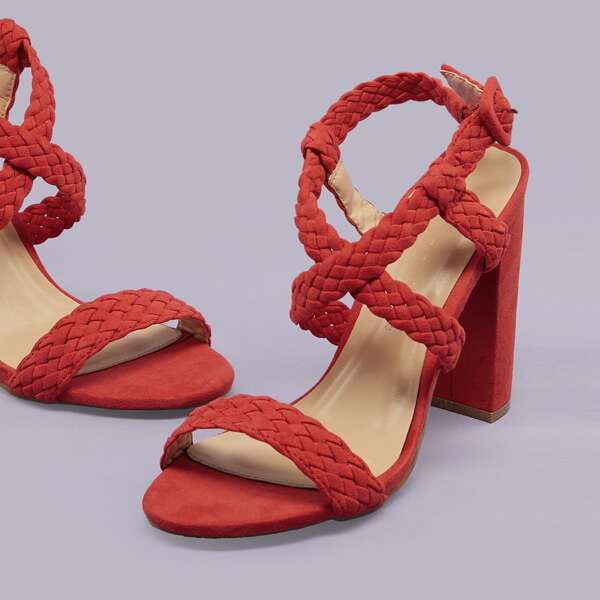 

Braided Detail Buckled Ankle Open Toe Heels, Red