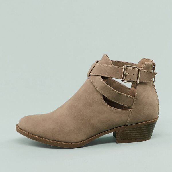 

Cut Out Buckle Detail Almond Toe Low Heel Booties, Khaki