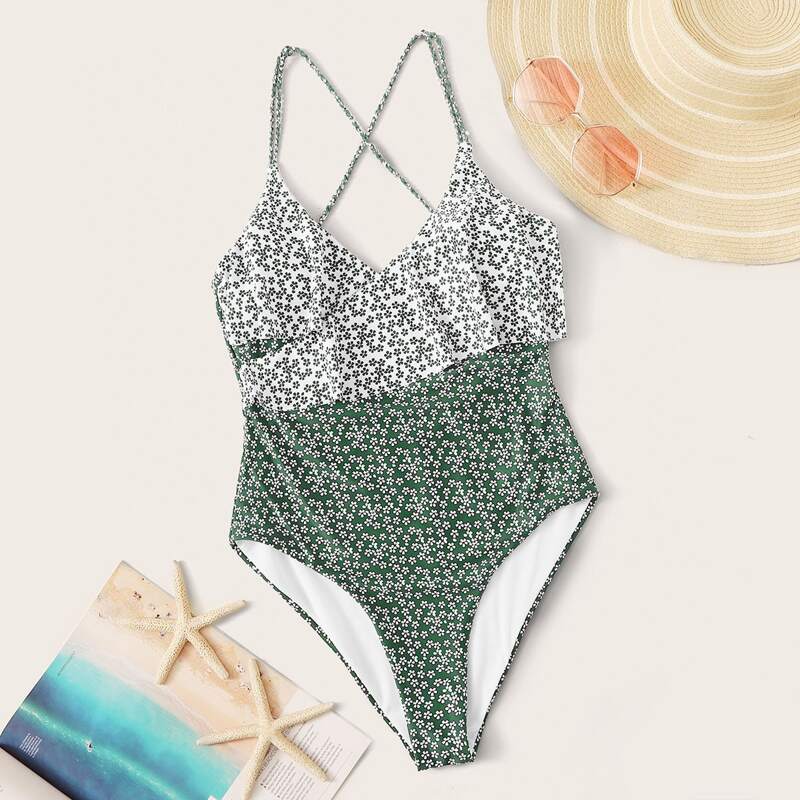 

Ditsy Floral Criss Cross Wrap One Piece Swimsuit, Multicolor