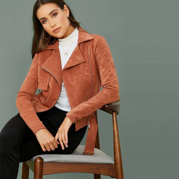 

Zip Front Belted Hem Faux Suede Moto Jacket, Red