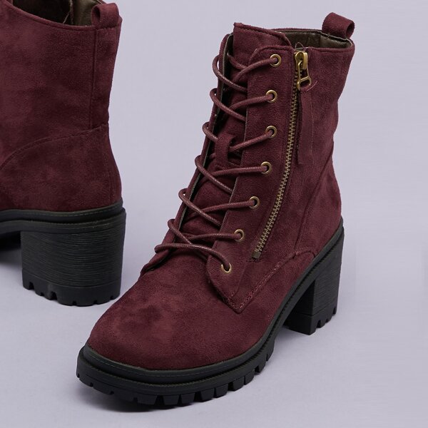 

Lace Up Lug Sole Stacked Heel Military Boots, Burgundy