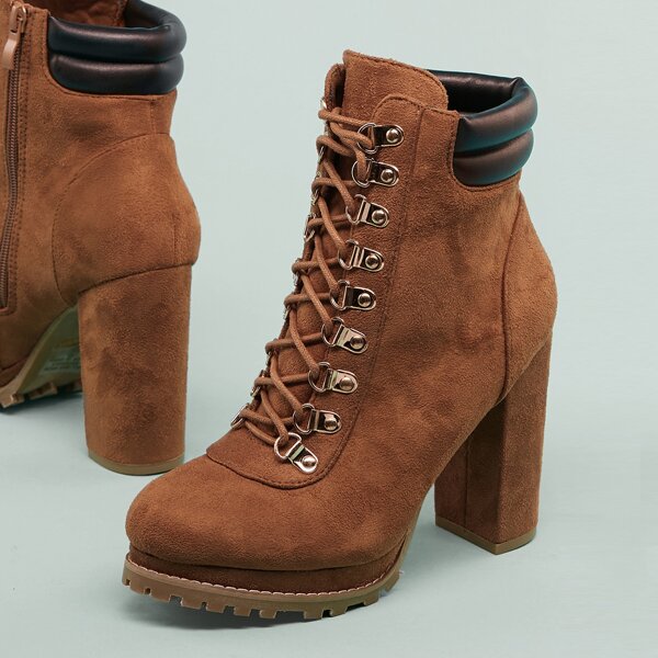 

Padded Collar Lace Front Chunky Heel Hiking Boots, Camel