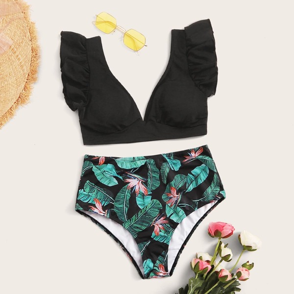 

Frill Trim Top With Tropical High Waist Bikini, Multicolor
