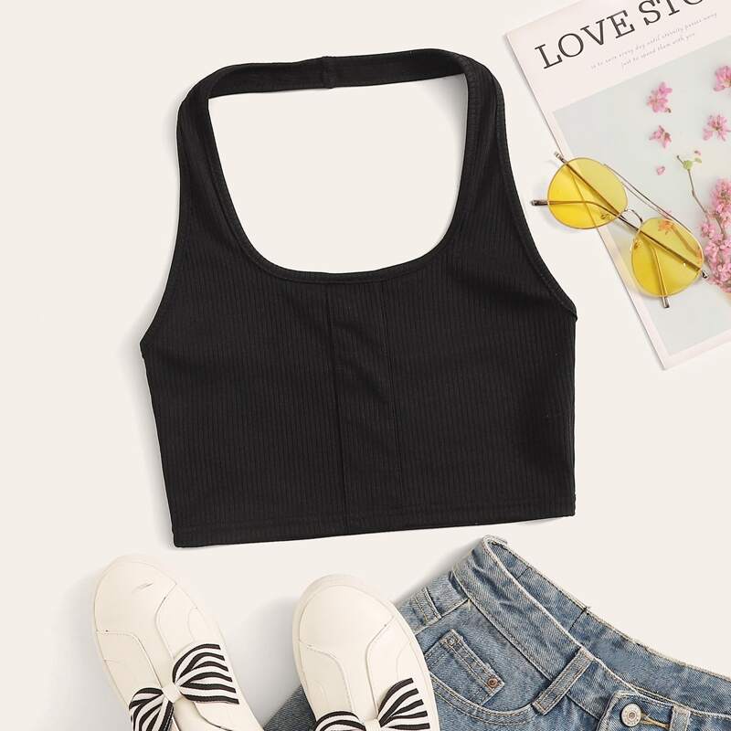 

Solid Rib-knit Halter Top, Black