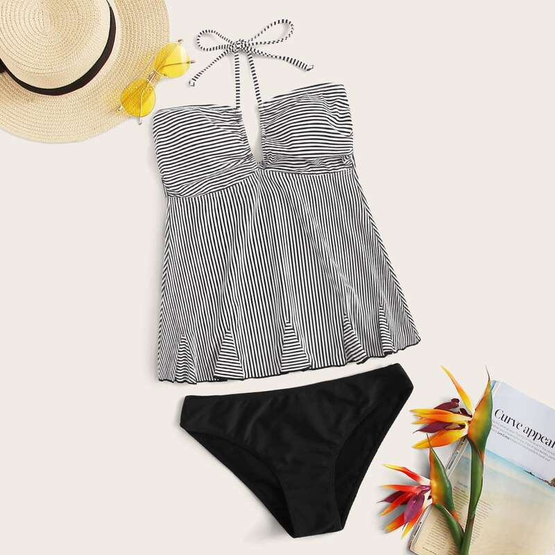 

Striped Frill Trim Halter Tankini, Black and white